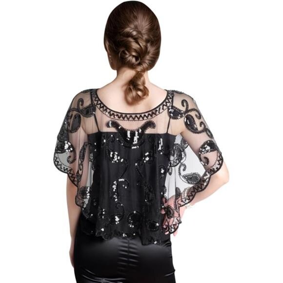 1920s Shawl Wraps Sequin Beaded Black - Picture 2 of 6